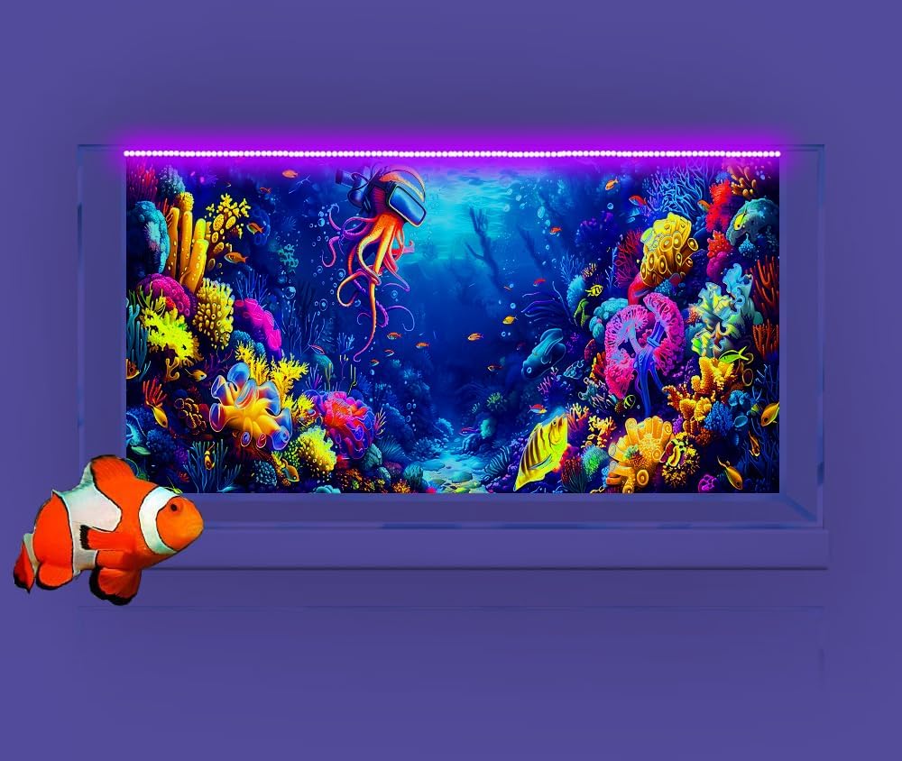 72X24IN Blacklight Ocean HD 3D Black Light Aquarium Background UV Reactive Octopus Background Terrarium Background with 10 EVA Double-Sided Tape with 10 EVA Double-Sided Tape