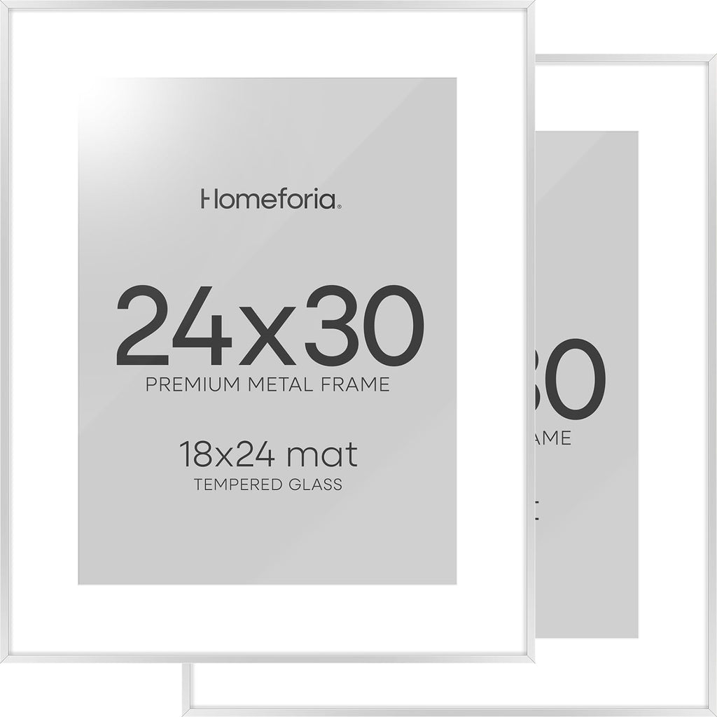 Homeforia Poster Silver Frame 24x30, High End Metal 24 x 30 Large Picture Frames with Mat 18 by 24 for Photo, 24x30 Silver Frames Matted to 18x24 Print, 30x24 Frame, Tempered Glass, Wall Kit, Set of 2