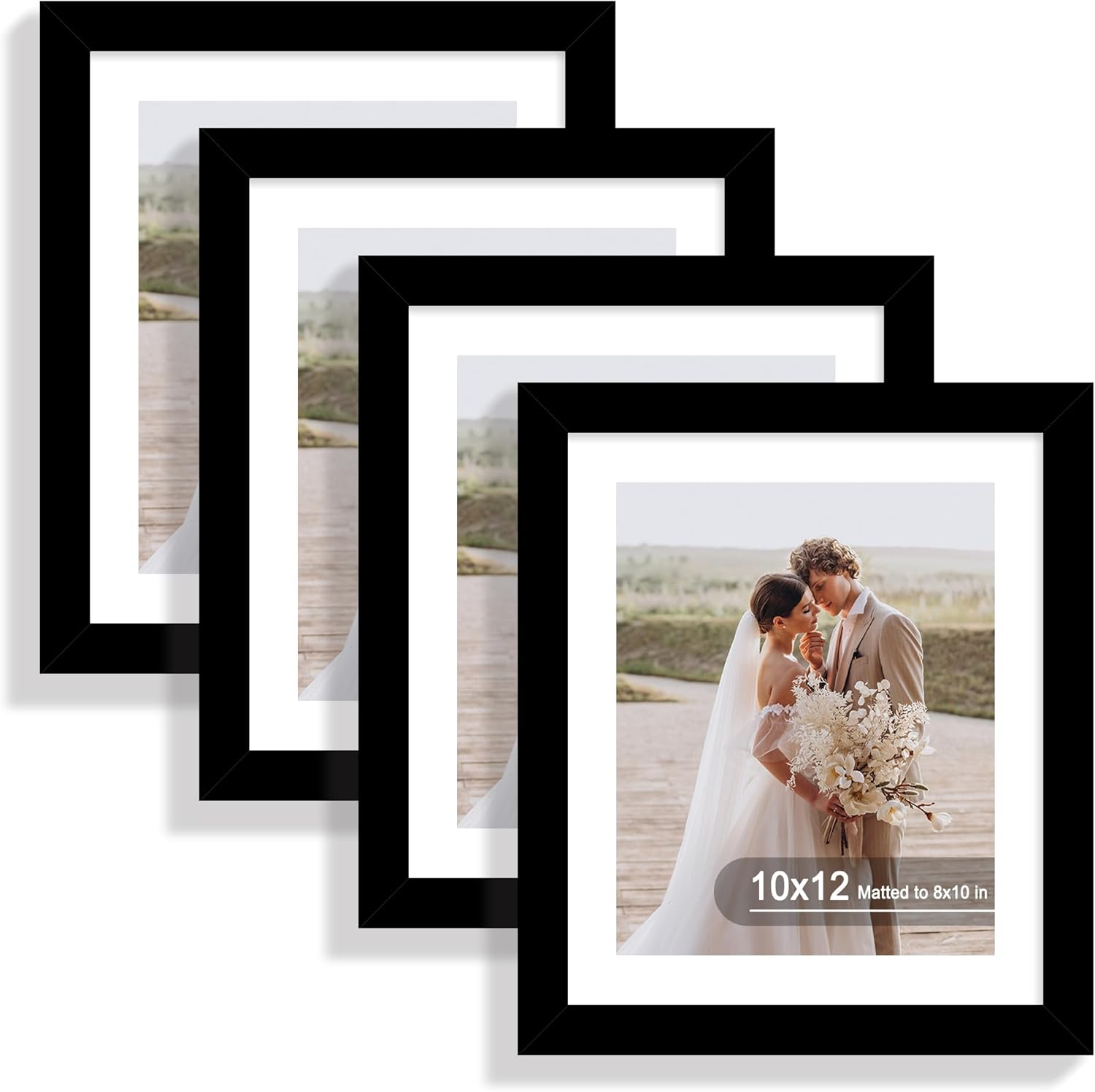 10x12 Picture Frame Set of 4, Made of Real Glass and Black Frame - Display Picture 8x10 with Mat or 10x12 Without Mat, 10 by 12 Photo for Wall Mounting