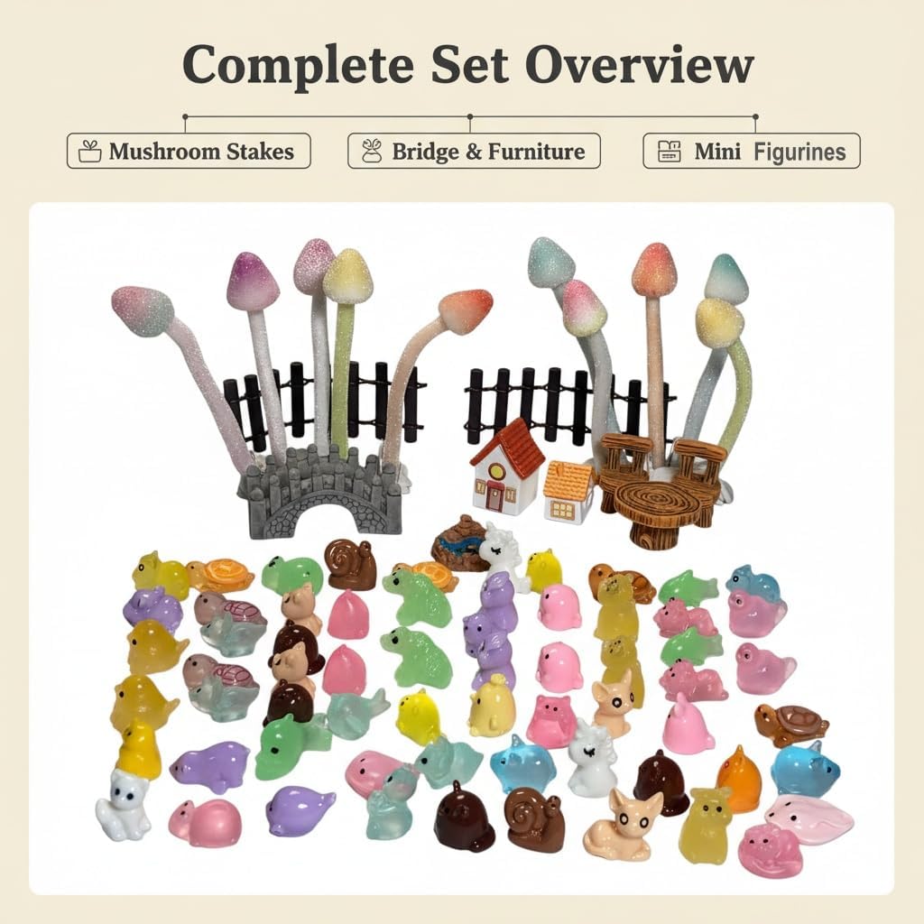 67-Piece Fairy Garden Accessories Kit, Handmade Glittery Mushrooms, Miniature Figurines & Landscape Ornaments for Mini Terrarium, Fairy Desk Plants