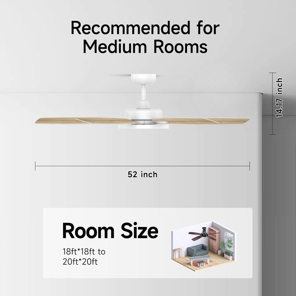 Roomratv Ceiling Fans with Lights,52 Inch,Remote Control,Dimmable,Quiet Reversible DC Motor,White Ceiling Fan for Living Room,Bedroom,Kitchens,Outdoor Patio,Farmhouse