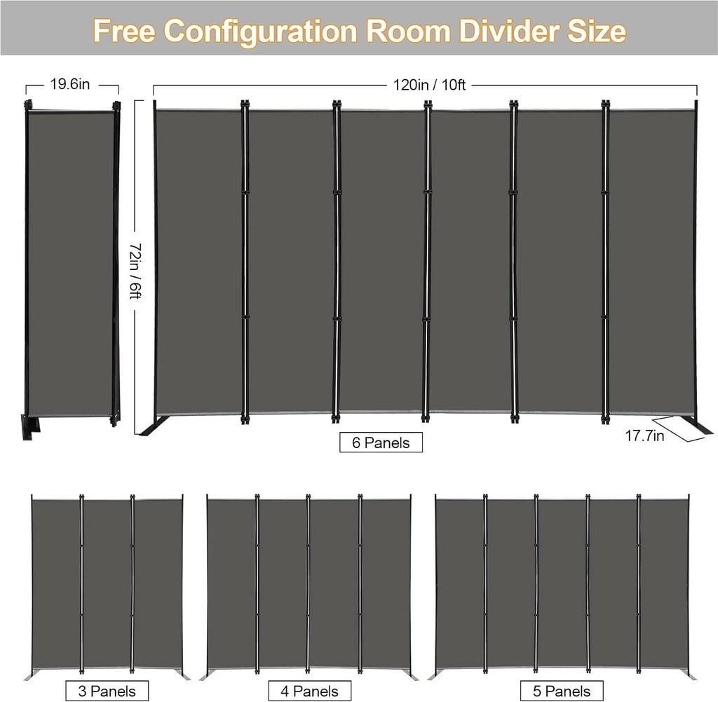 MAYOLIAH 6 Panel Folding Privacy Screen 9ft Wide, 6ft Tall Partition Room Divider Portable Office Walls Dividers Room Separator, Grey