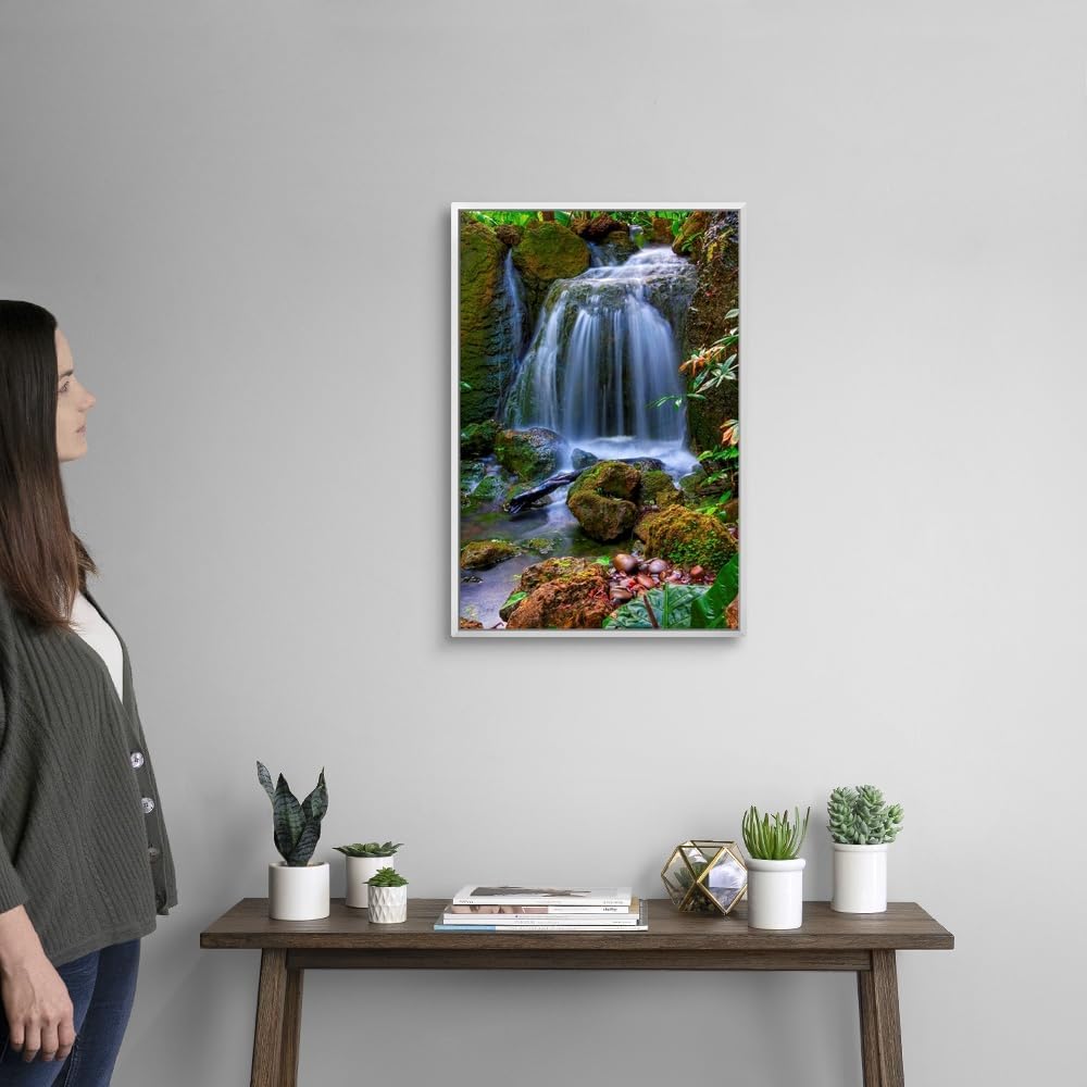 CANVAS ON DEMAND Waterfall in Tropical Rainforest of Fairchild Tropical Gardens, White Float Framed Canvas Wall Art Print, Home Decor, Floral, Flowers, Nature Artwork, 16" x24in