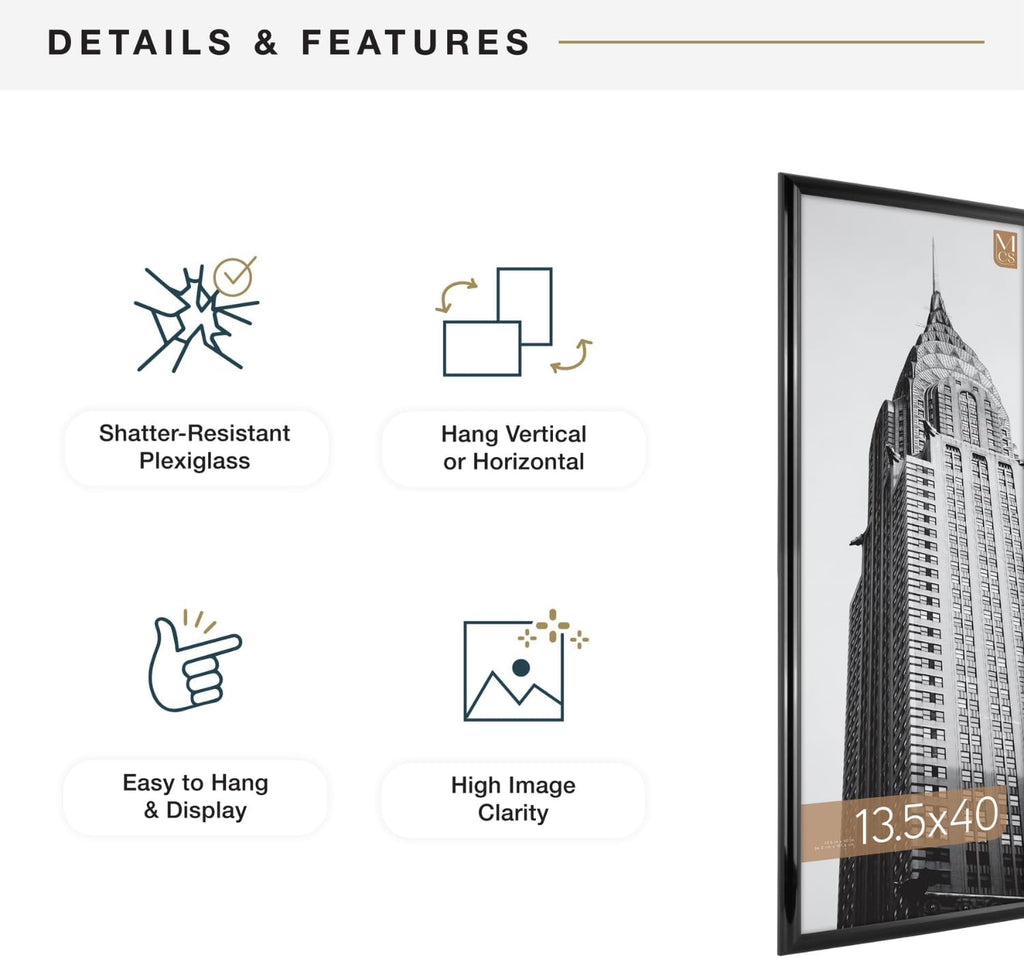 MCS Trendsetter 13.5x40 Poster Frame Black High-Gloss, Vertical & Horizontal Wall Hanging Large Picture Frame for Photos, Posters & Art Prints (1-Pack)