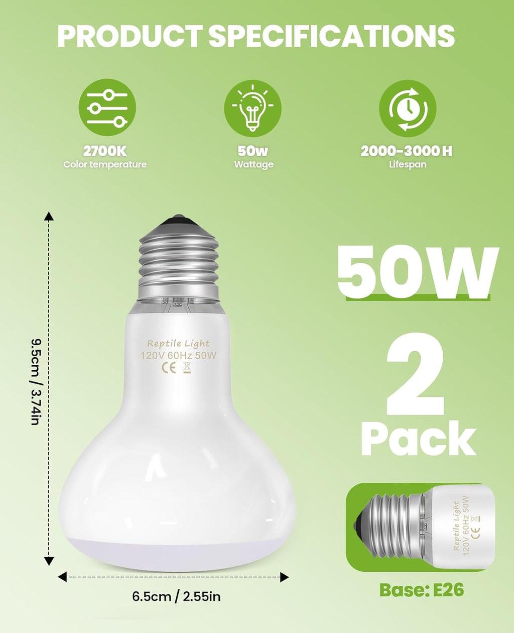 KINDEEP Reptile Basking Light Bulb: 50W Reptile Heat Lamp 2 Pack UVA Daylight Basking Bulb for Amphibian Bearded Dragon Lizard Tortoise Turtle Snake Chicken Pets Heating