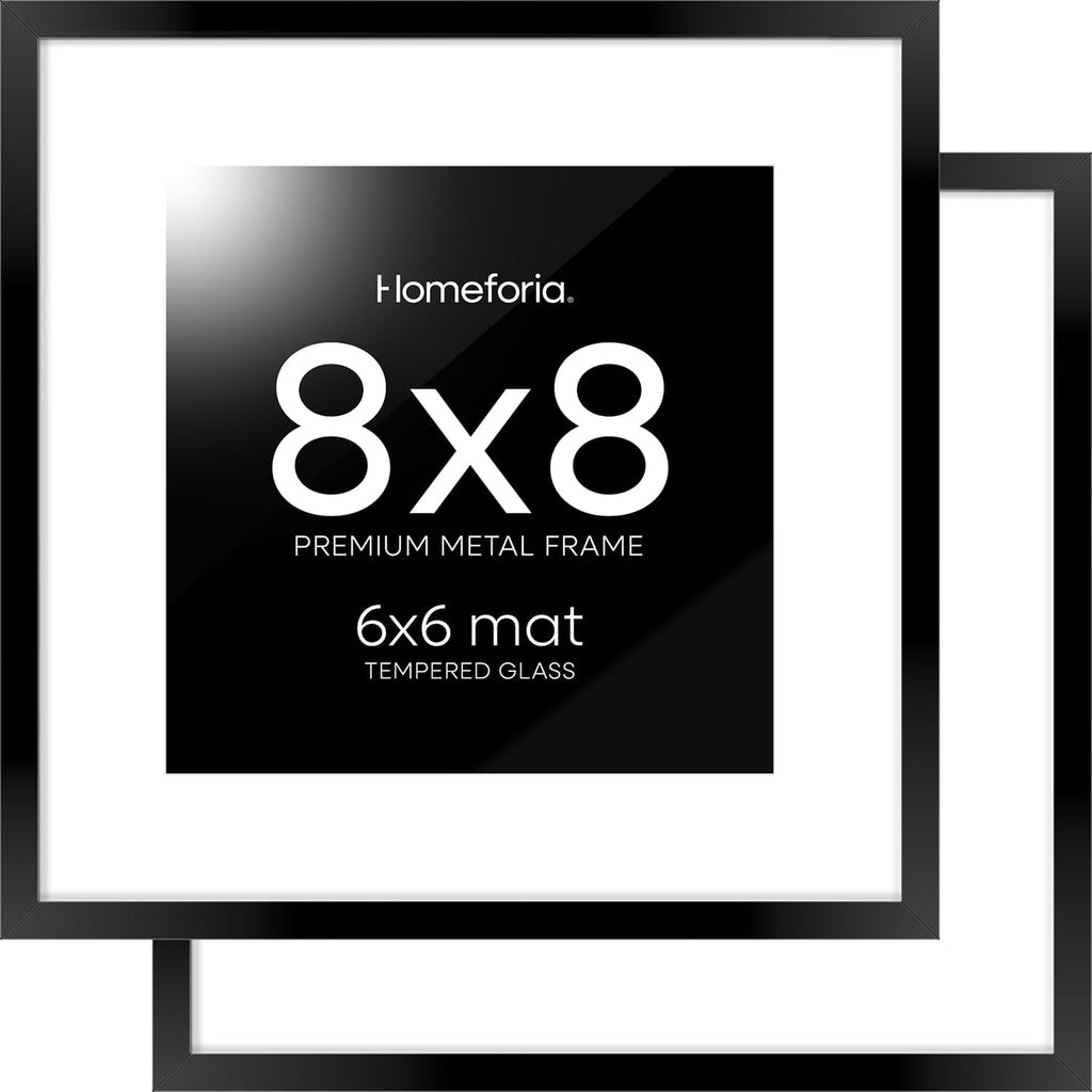 Homeforia 8x8 Black Picture Frame, High End Metal 8 x 8 Square Photo Frames with Mat 6 by 6, 8x8 Poster Frame Matted to 6x6 inch Print, 8by8 Wall or Tabletop Frames, Tempered Glass, Wall Kit, Set of 2