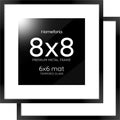 Homeforia 8x8 Black Picture Frame, High End Metal 8 x 8 Square Photo Frames with Mat 6 by 6, 8x8 Poster Frame Matted to 6x6 inch Print, 8by8 Wall or Tabletop Frames, Tempered Glass, Wall Kit, Set of 2