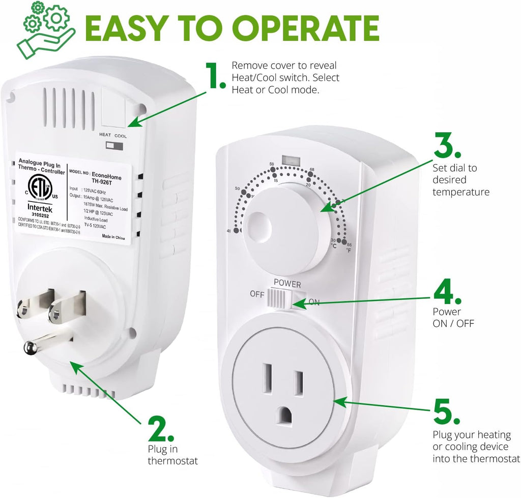 EconoHome Adjustable Thermostat - Universal Plugin Heating & Cooling Thermostat - Compatible with Most EconoHome Wall Mount Space Heaters