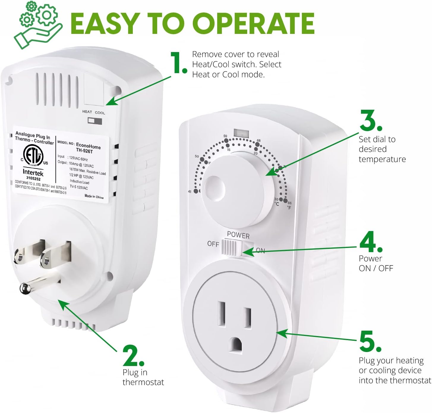 EconoHome Adjustable Thermostat - Universal Plugin Heating & Cooling Thermostat - Compatible with Most EconoHome Wall Mount Space Heaters