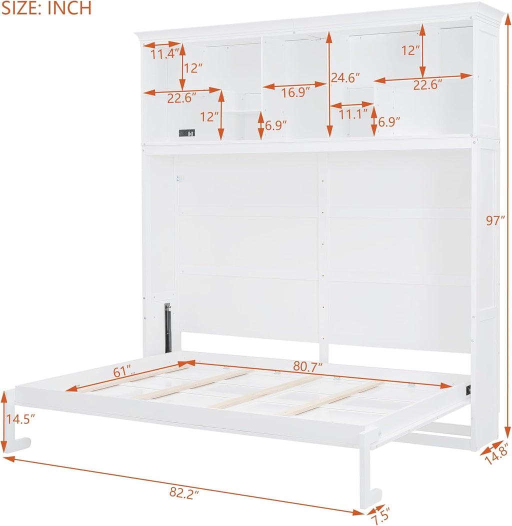 Merax Modern Farmhouse Solid Wood Murphy Cabinet Bed with Top Shelves & USB Charging, Tall Wall Platform Bed No Box Spring Needed/Easy Assemble Queen,White
