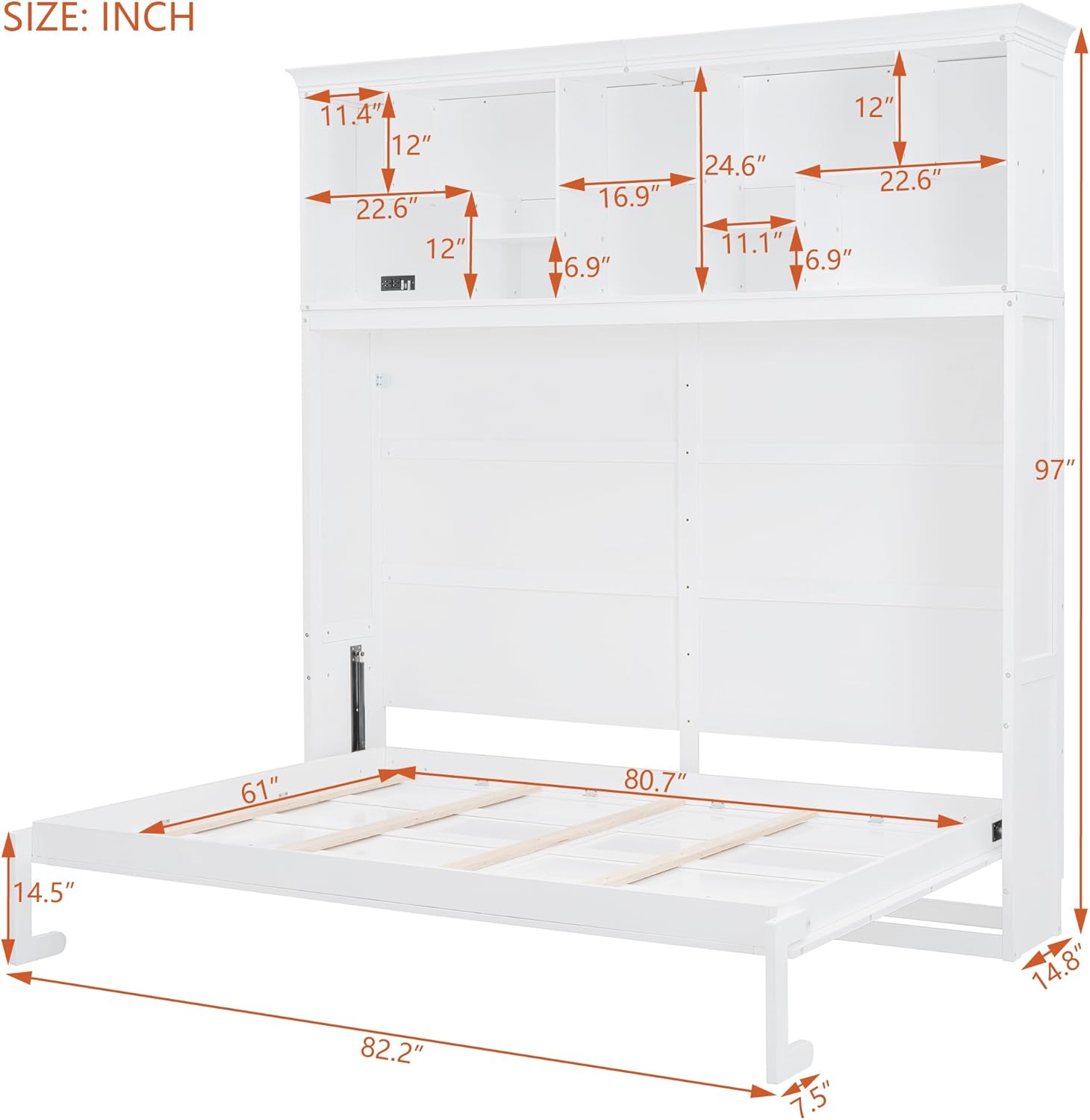 Merax Modern Farmhouse Solid Wood Murphy Cabinet Bed with Top Shelves & USB Charging, Tall Wall Platform Bed No Box Spring Needed/Easy Assemble Queen,White