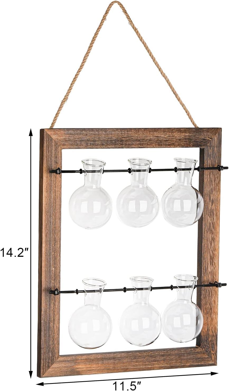 Elsjoy Wall Hanging Glass Planter, Double Layer Plant Terrarium Propagation Station, Mini 6 Bulb Vase with Wooden Stand and Rope for Hydroponics Plants, Home Decor, Indoor Outdoor