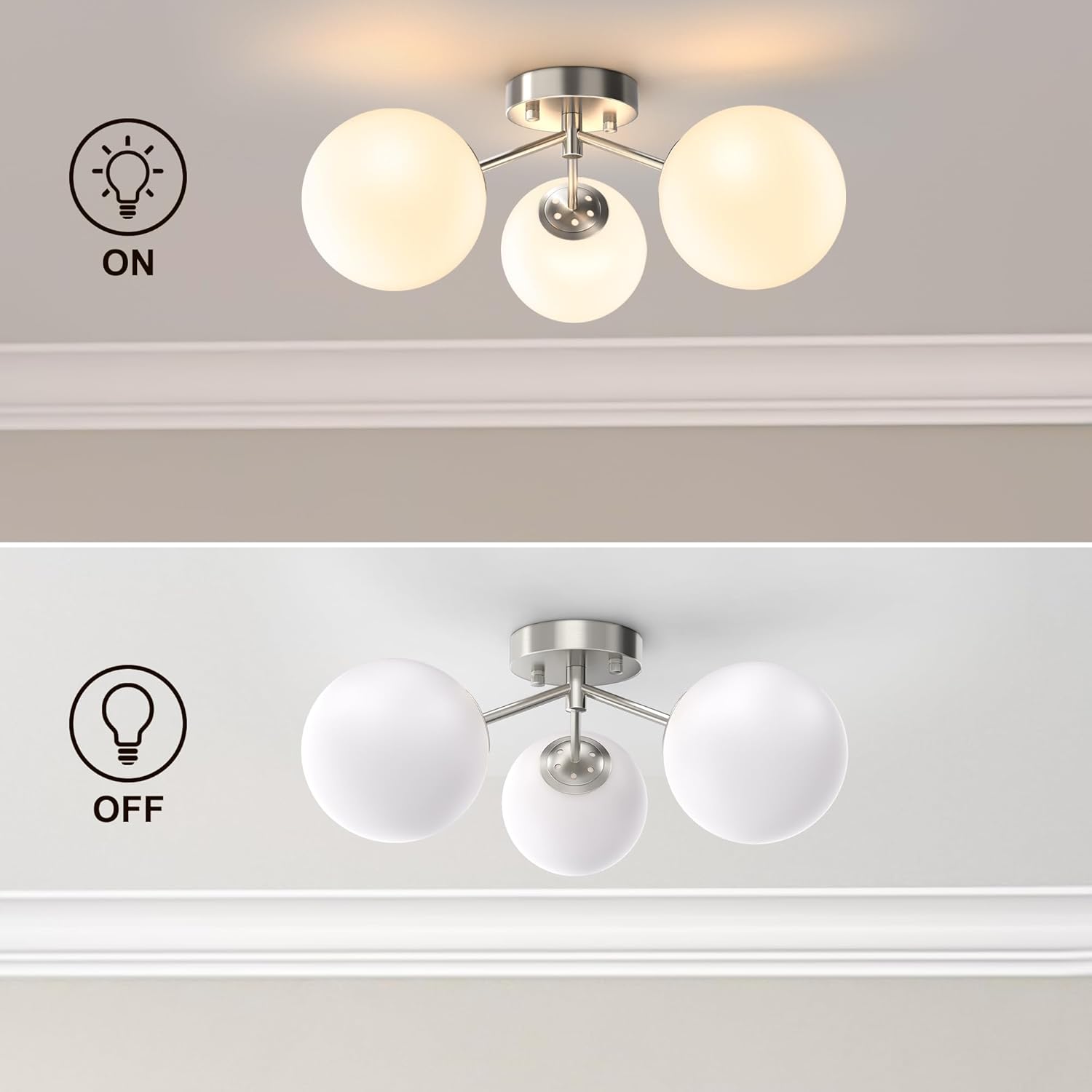 Maxax 17" Nickel Ceiling Light, 3 Lights Modern Flush Mount Fixture with Opal Milk Glass Globe, Mid Century Semi Chandelier, Sputnik Ceiling Lamp for Dining Room, Bedroom, Entryway, Hallway