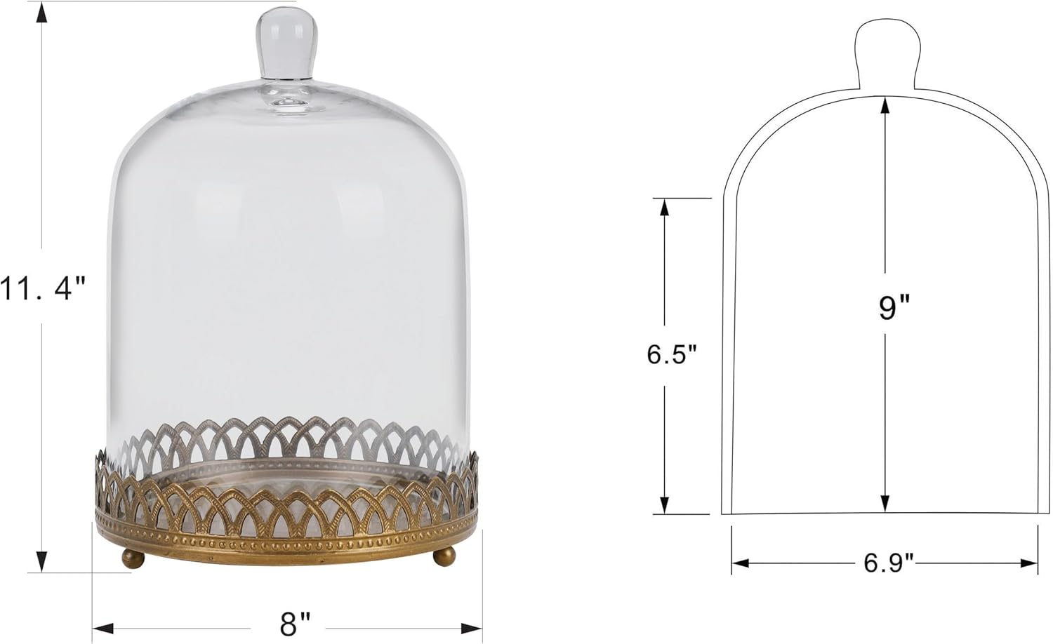 Twakutwku 12" Tall Large Sturdy Handmade Glass Cloche Dome with Metal Base in Gold for Plant, Terrarium, Collectibles, Candle. Cloche Glass Dome, Bell Jar Display Case (Gold, 12")