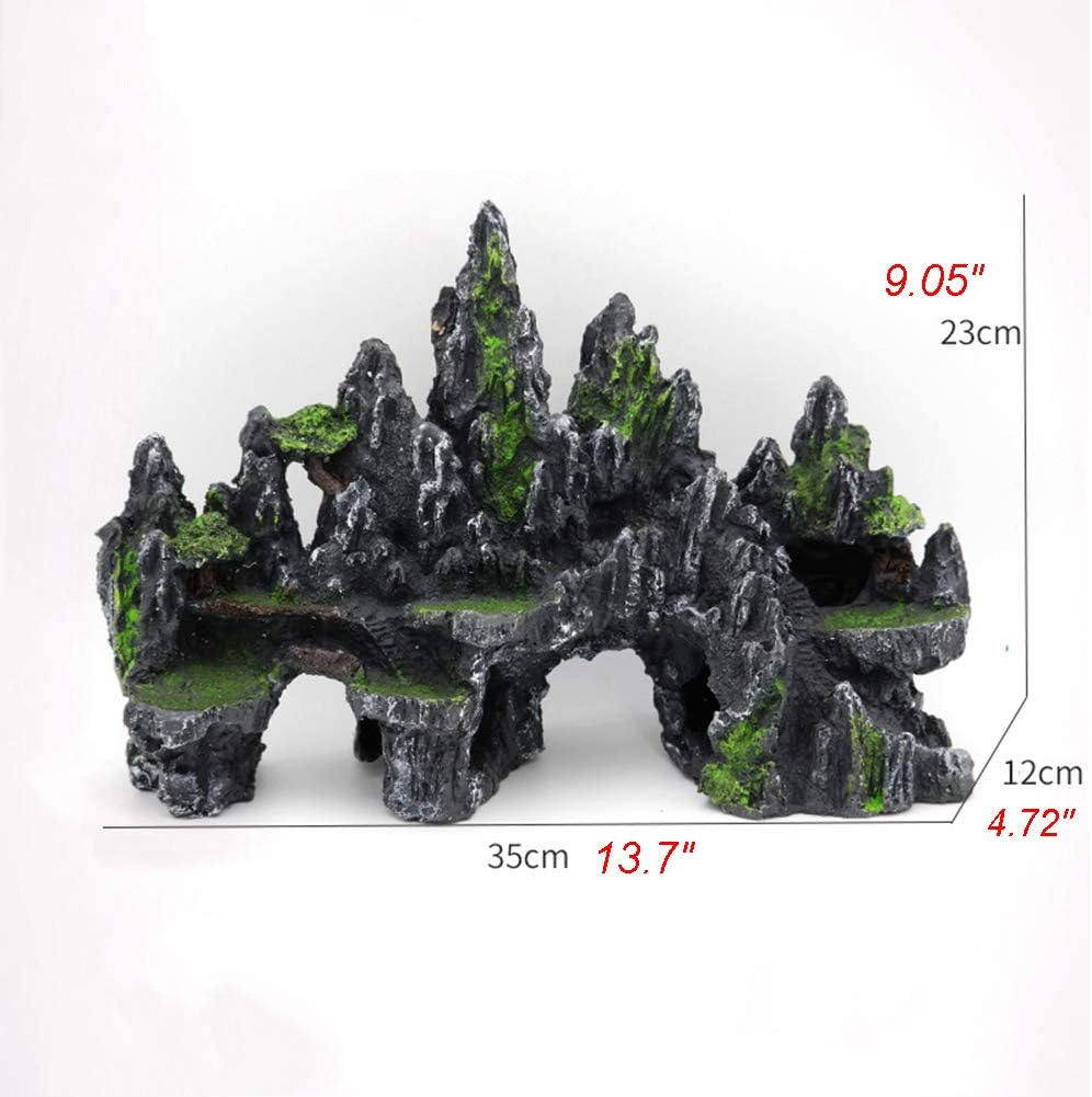 PakyKai Large Fish Tank Decorations, Mountain View Aquarium Ornament with Tree House Cave Bridge Artificial Plastic Plants Aquarium Decorations