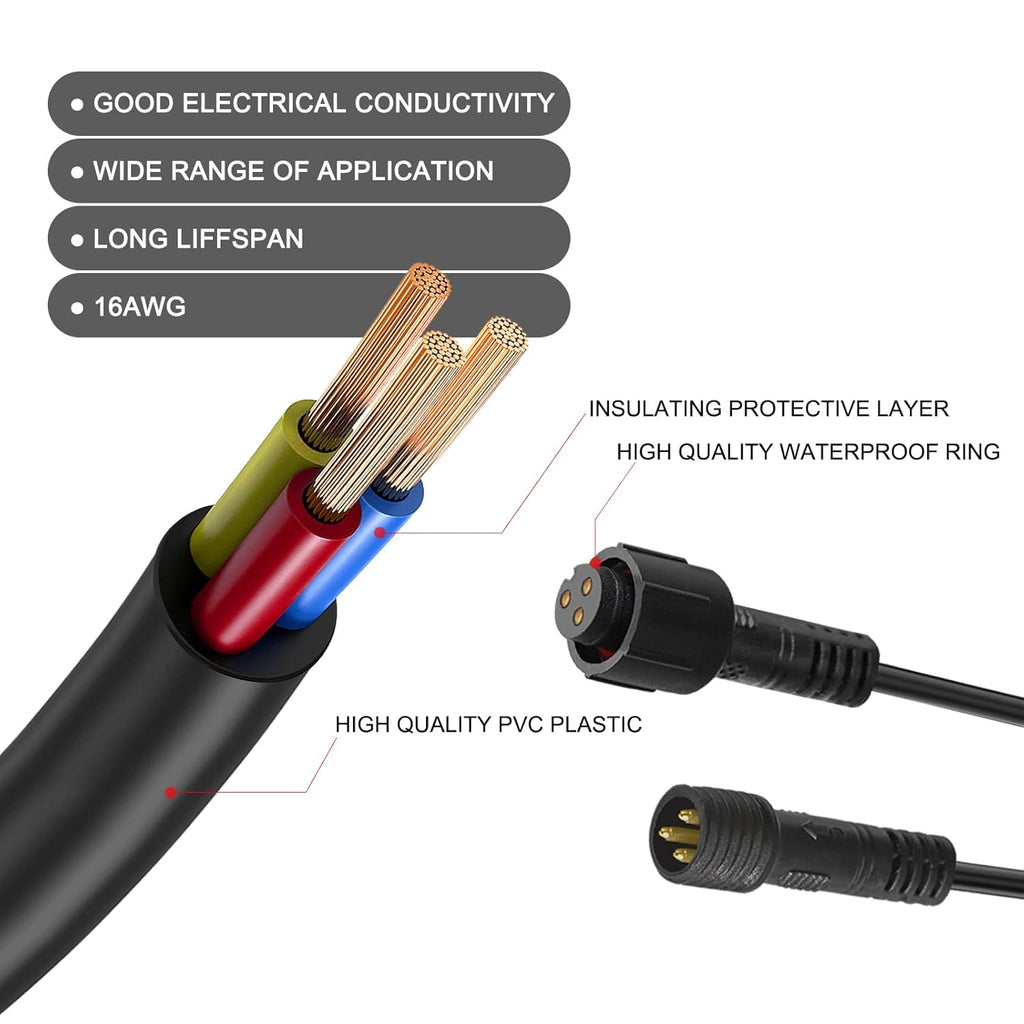 2 PCS 10FT 3 Pin RGB Rock Light Extension Cable, Rock Light Extension Wire with Male and Female Connectors