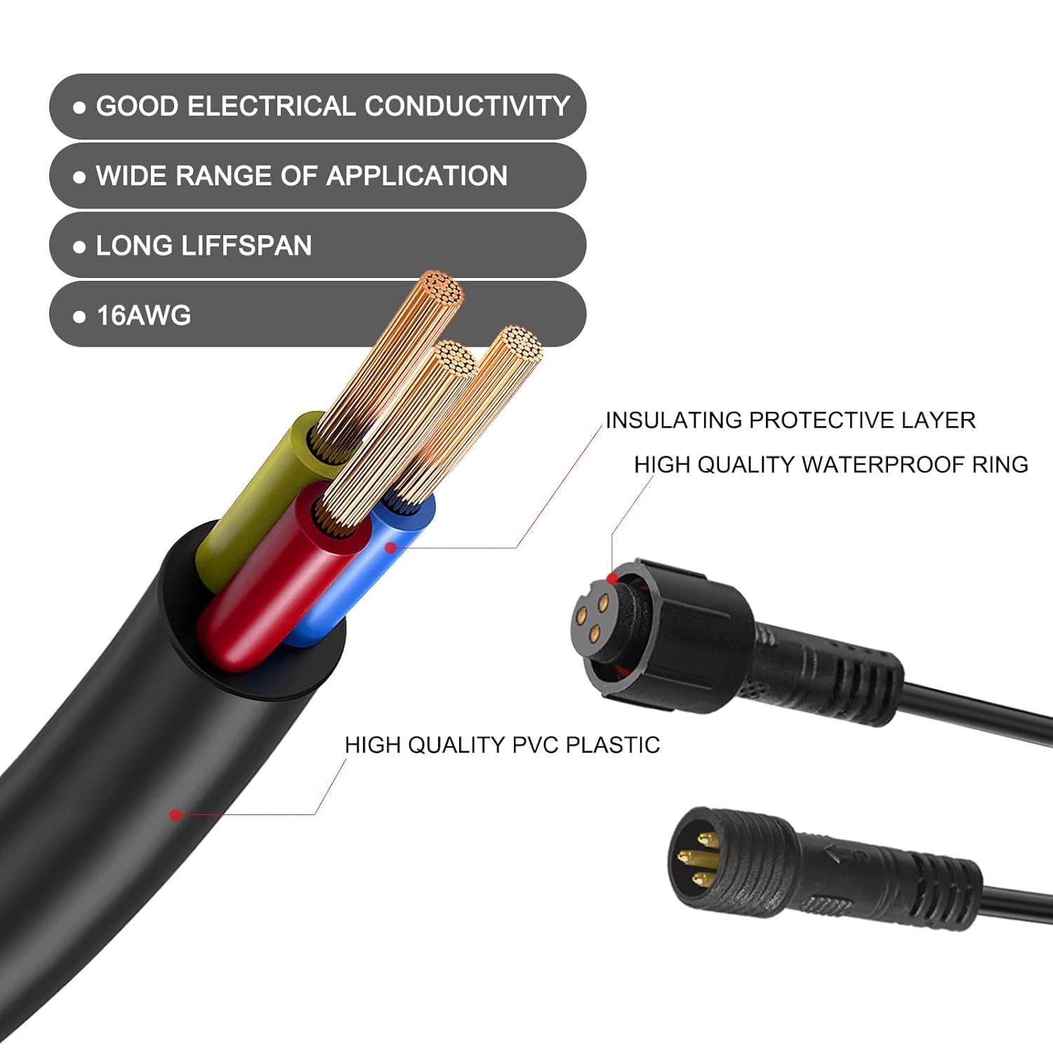 2 PCS 10FT 3 Pin RGB Rock Light Extension Cable, Rock Light Extension Wire with Male and Female Connectors
