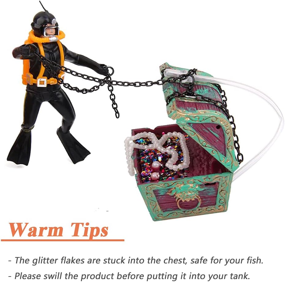 Mesee Aquarium Decor Creative Treasure Seeker, Fish Tank Ornament Undersea Landscape Treasure Chest Hunt Diver Air-Operated Decoration - Black