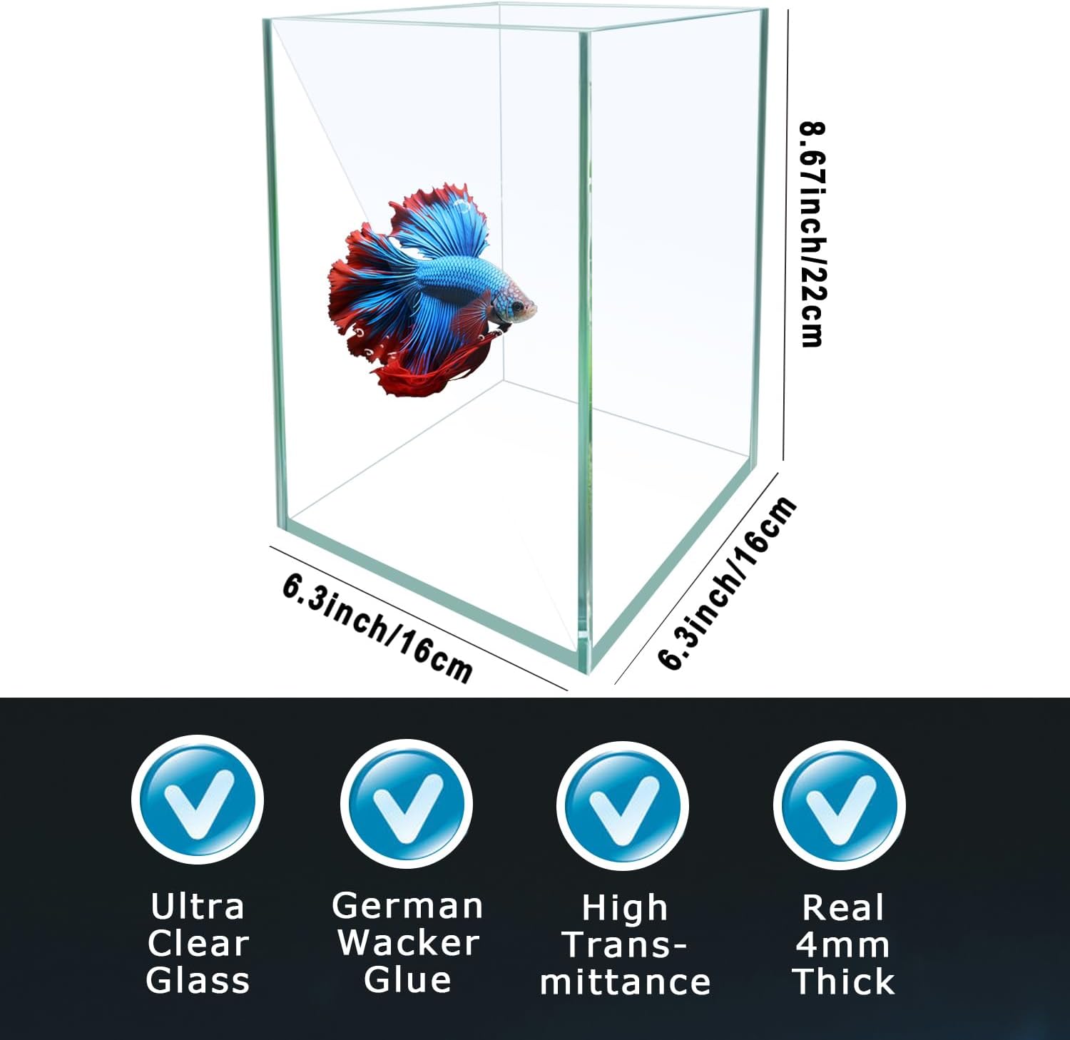 Ultra White Glass Betta Aquarium Starter Kits 1.5 Gallon Small Fish Tank, Betta Fish Tank with LED Light, Power Filter, 4mm Glass