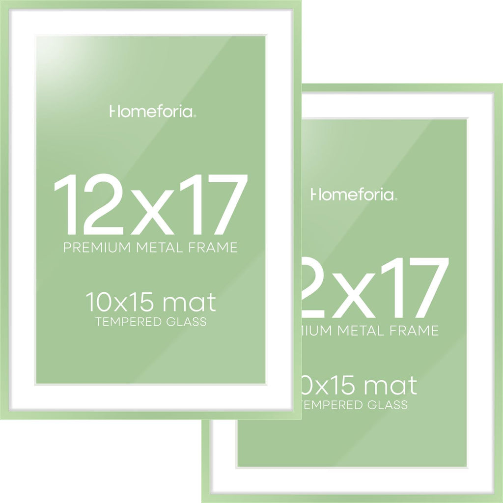 Homeforia 12x17 Picture Frame Sage Green, High End Metal 12x17 Poster Frames with Mat 10x15 Photo, 12 x 17 Sage Green Frame Matted to 10 by 15 Art, 17x12 Thin Frame, Tempered Glass, Wall Kit, Set of 2