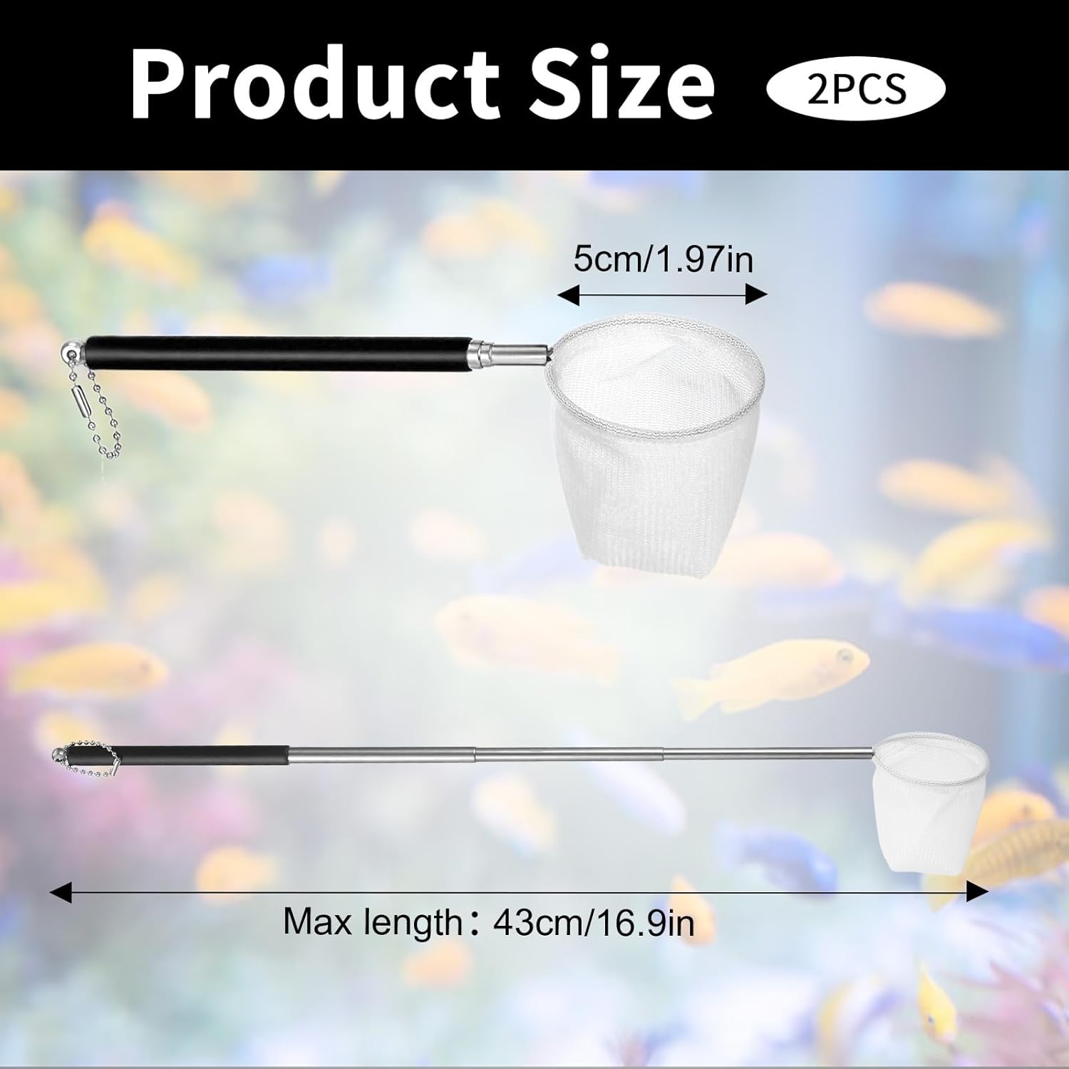 2 PCS Aquarium Shrimp Net, 2 Inch Small Fish Nets for Fish Tank with Long Extendable Stainless Steel Handle, Round Fine Mesh Net for Fishes Shrimp Tank Pond Creek Food Residue Debris Skimming Tool
