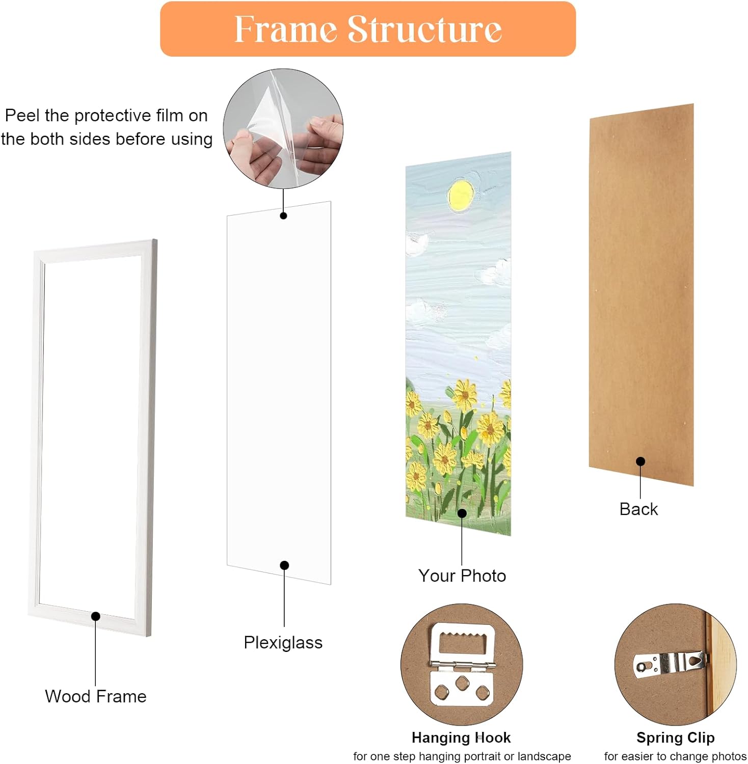 13x39 Wood Frame White, Modern Natural Woodgrain 39x13in Picture Frame, Rustic Wooden 13 x 39 inch Gallery Wall Photo Poster Frame with HD Plexiglass, Horizontal Vertical Wall Mounting Display 1pcs