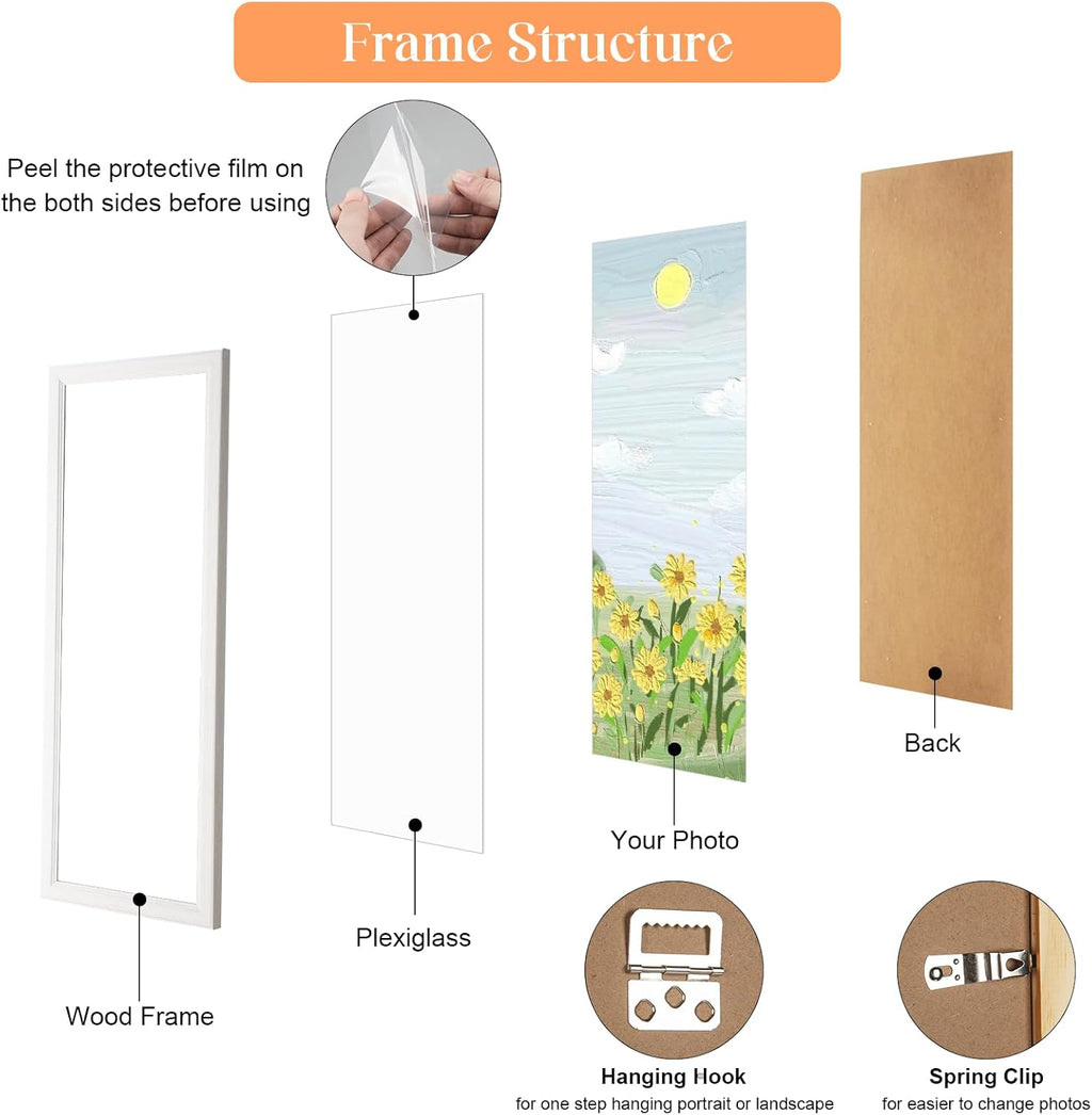 8x24 Wood Frame White, Modern Natural Woodgrain 24x8in Picture Frame, Rustic Wooden 8 x 24 inch Gallery Wall Photo Poster Frame with HD Plexiglass, Horizontal Vertical Wall Mounting Display 1pcs