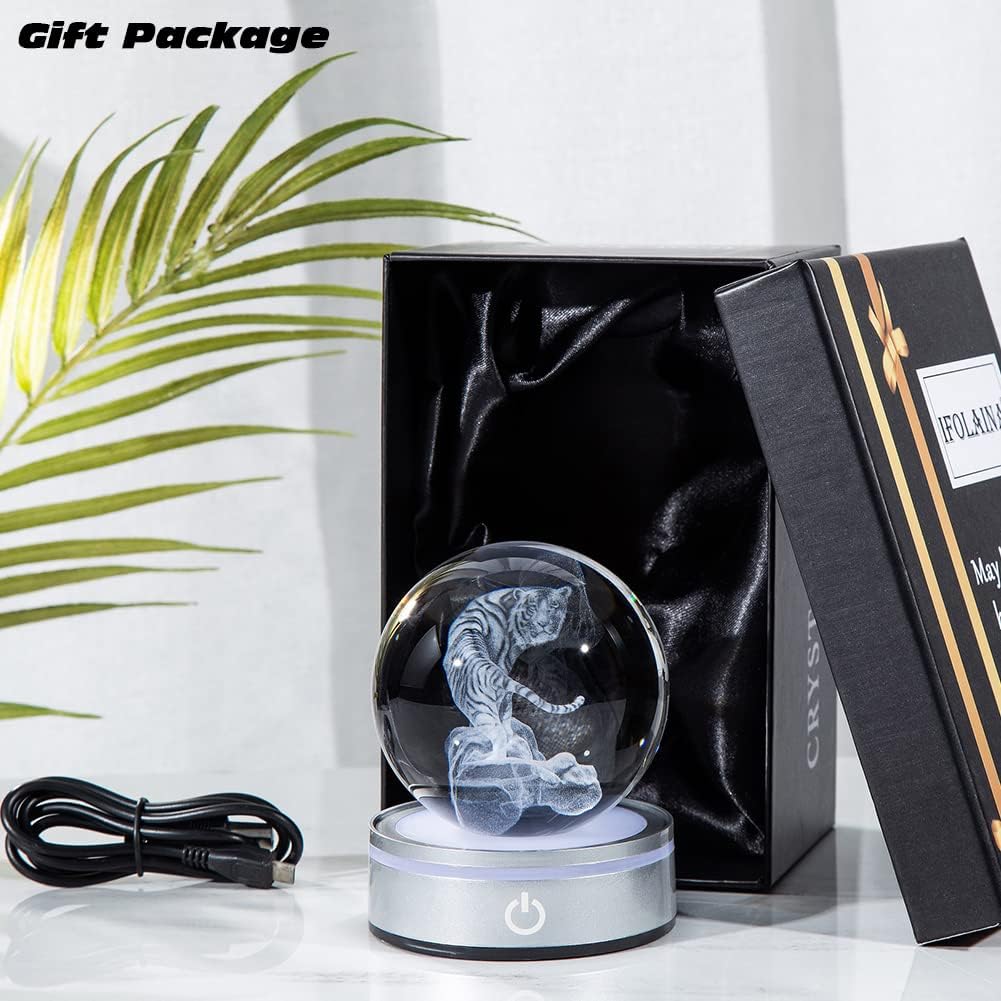 IFOLAINA Tiger Gifts 3D Crystal Ball White Tiger Figurine Lamps Decorations Statue Present