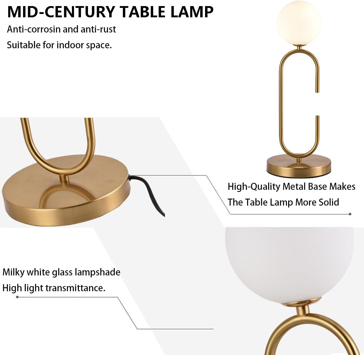 Mid Century C-Shape Table Lamp Gold 2-Light Globe Dimmable Table Lamp with Milk White Glass Gold Nightstand Lamp for Bedroom Bedside,G9 Bulb(Not Included)