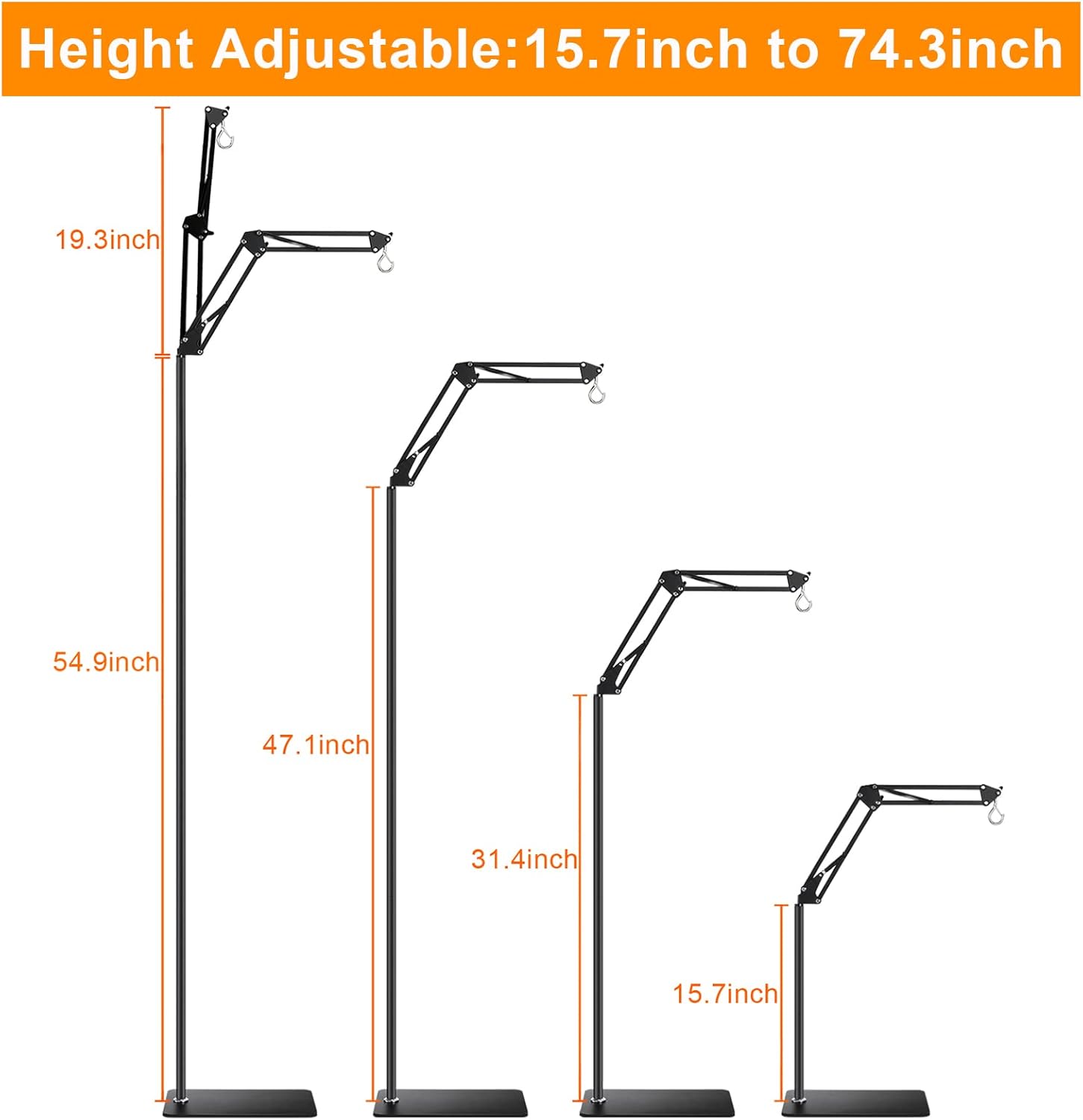 Reptile Lamp Stand Reptile Light Stand (15.7inch to 74.3inch) with 360° Adjustable Swing Arm, Heat Lamp Holder for Bearded Dragon Turtles Snake and Chicks