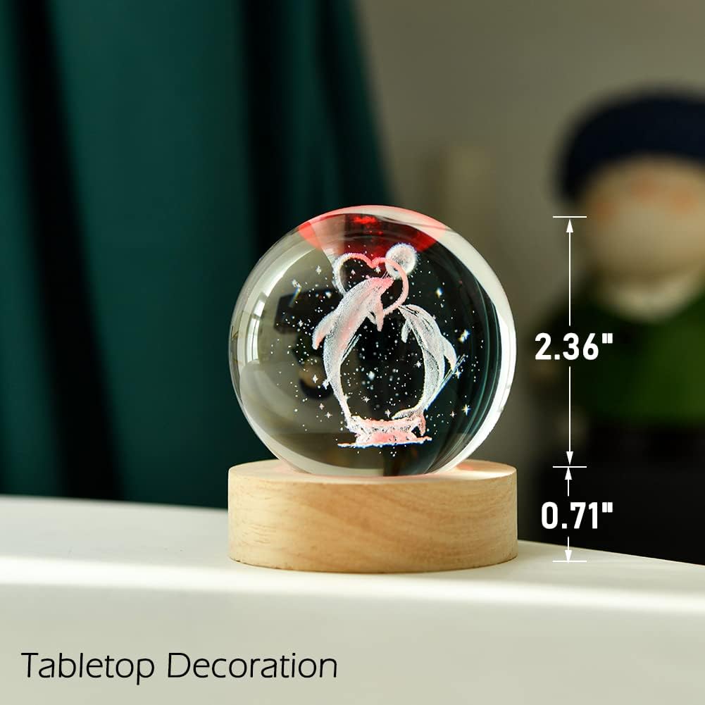 Dolphin Gift 3D Dolphins Figurines in Crystal Ball 60mm Laser Engraved Glass Sphere Home Decor with Wooden Light Base