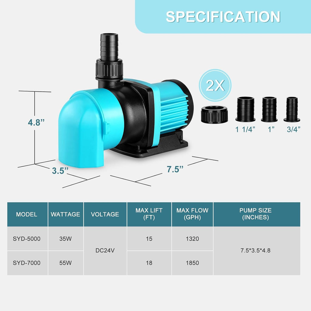 1320GPH Aquarium Return pump with LCD display controller, DC 24V 35W aquarium pump for saltwater freshwater aquarium,fish tank,sump,20 speeds ECO Quiet Submersible and inline pump