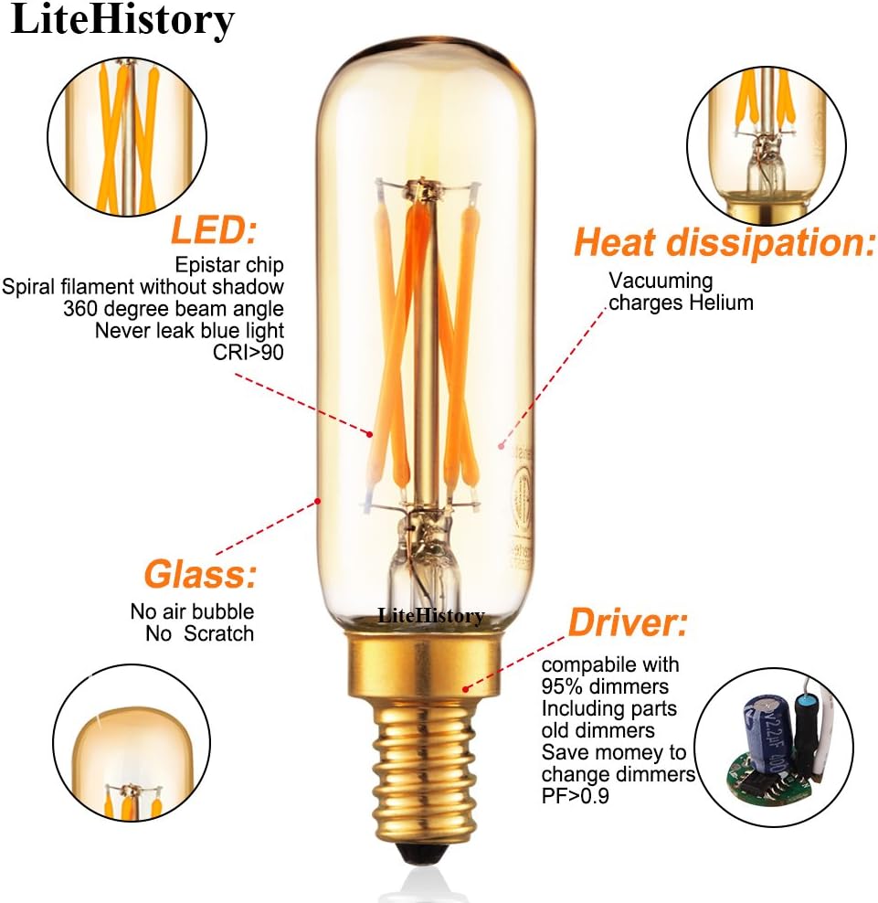 LiteHistory Dimmable T6 led Bulb 40W Candelabra led 2200K Amber 250lm 4W e12 T25 led Bulb 6Pack
