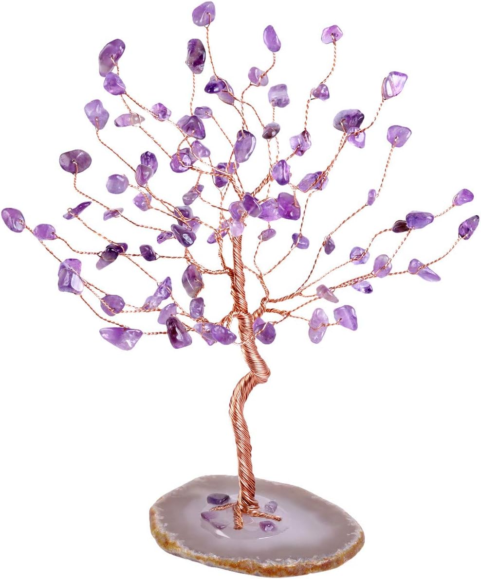 mookaitedecor Amethyst Crystal Tree Tumbled Stones, Geode Agate Slices Base Money Tree Decoration for Wealth and Luck 5.7"-6.7"