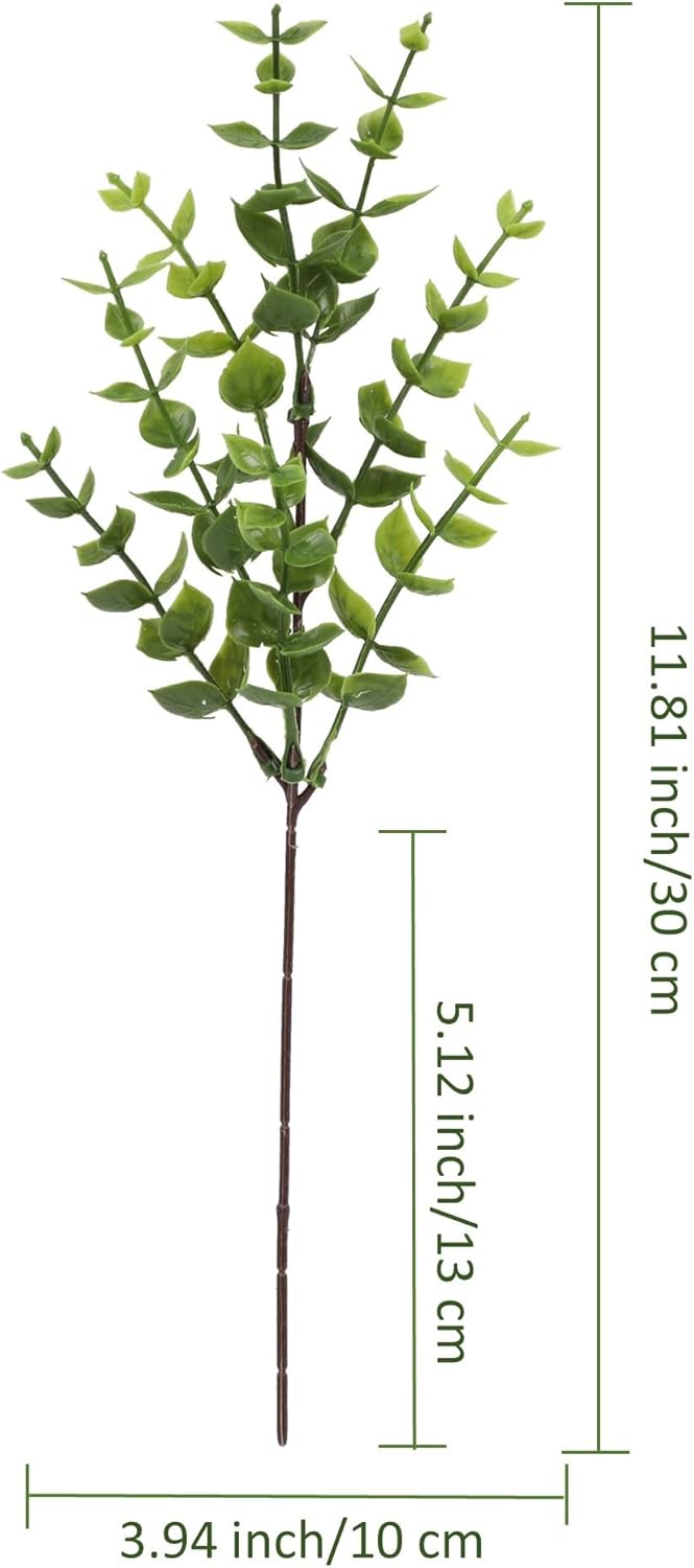 Artificial Eucalyptus Stems Bundle, Green Faux Foliage Plant, 12-inch Single Branch, 12 Pack Fake Plants for Garden Office Patio Wedding Farmhouse Indoor Decoration
