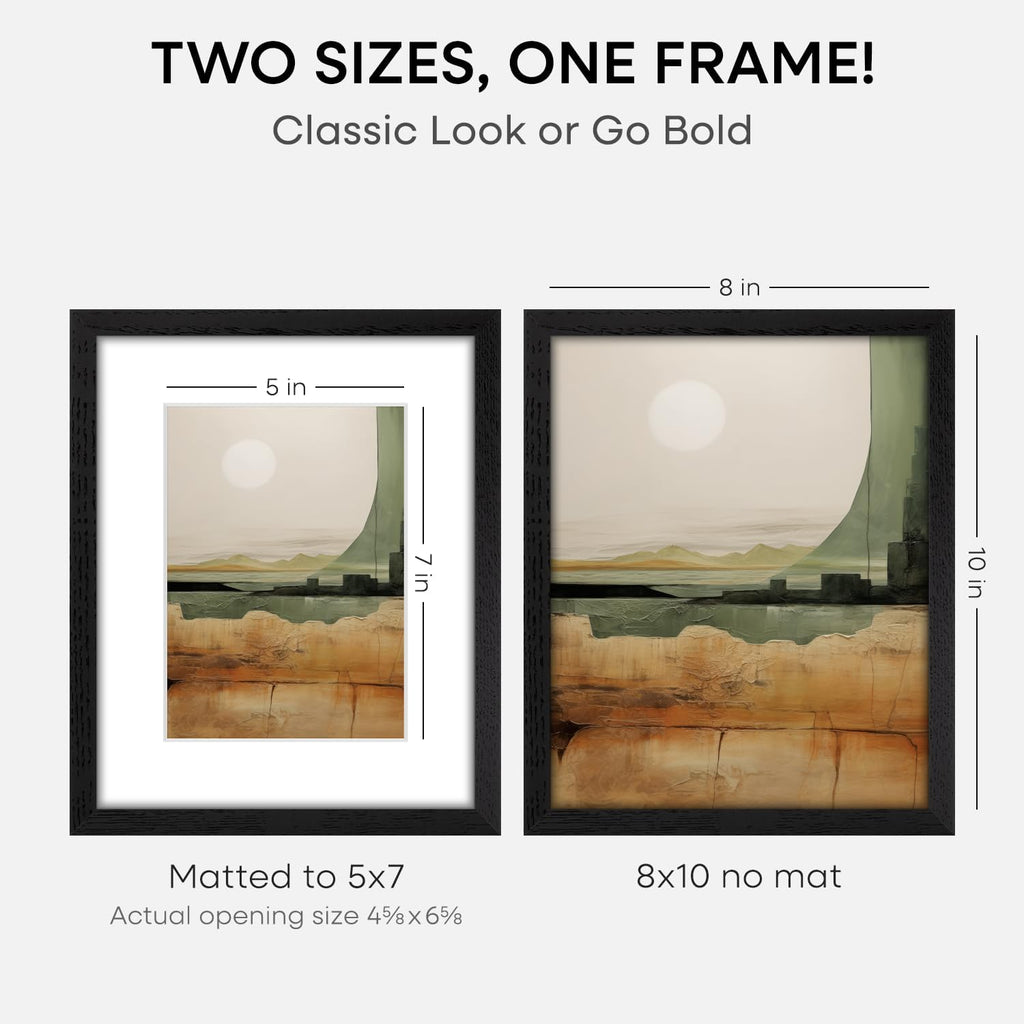 Homeforia 8x10 Picture Frame Black Wood, High End Oak 8 x 10 Wooden Frames with Mat 5 by 7 Print, 8x10 Frame Matted to 5x7 inch Photo, 8by10 Wall or Tabletop Frames, Tempered Glass, Wall Kit, Set of 2