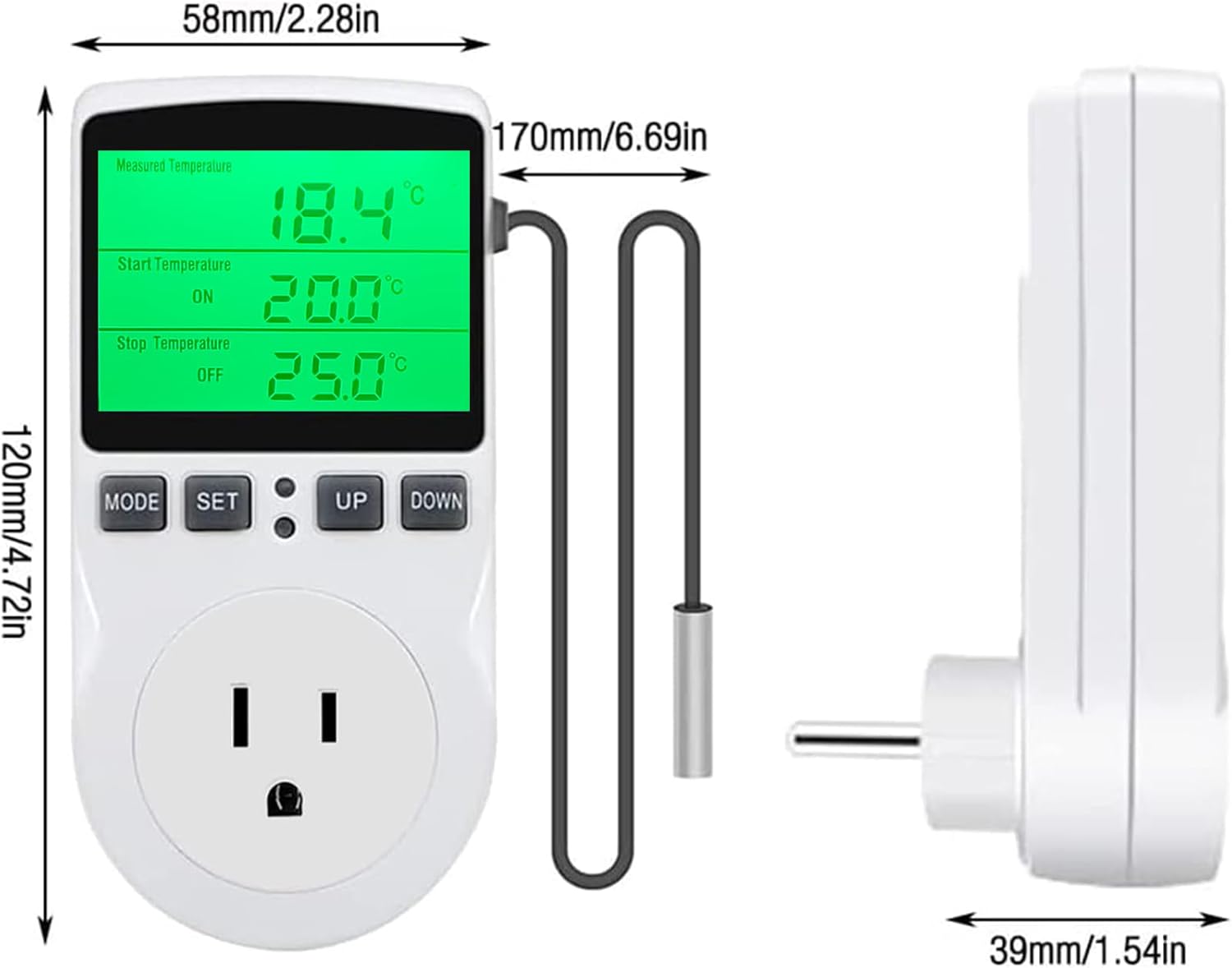 KABASI Digital Temperature Controller, Backlit LCD Screen Thermostat Heating Cooling Outlet Plug with Sensor Timer for Reptile Incubator Greenhouse Brewing Refrigerator 110V, 15A, ℉/℃