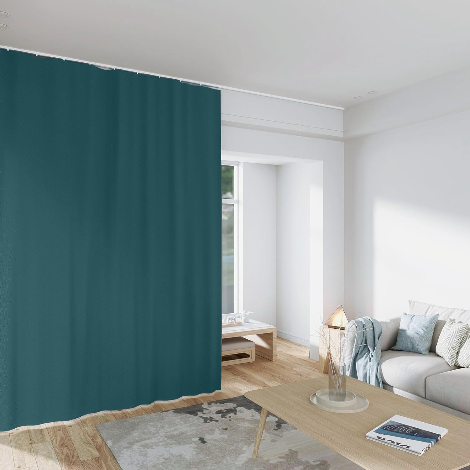 Room Divider Curtains Total Blackout Privacy Curtain Panel Room Thermal Insulated Noise Reduction Curtains for Bedroom Window Living Room Ceiling Track Curtain W 15 ft × H 7 ft Azure Blue