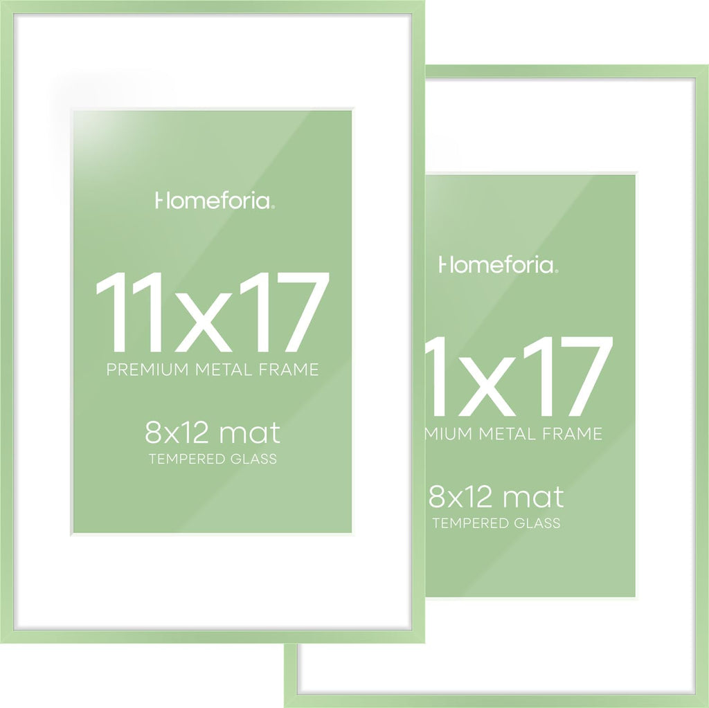Homeforia 11x17 Picture Frame Sage Green, High End Metal 11x17 Poster Frames with Mat 8x12 Photo, 11 x 17 Sage Green Frame Matted to 8 by 12 Art, 17x11 Thin Frames, Tempered Glass, Wall Kit, Set of 2