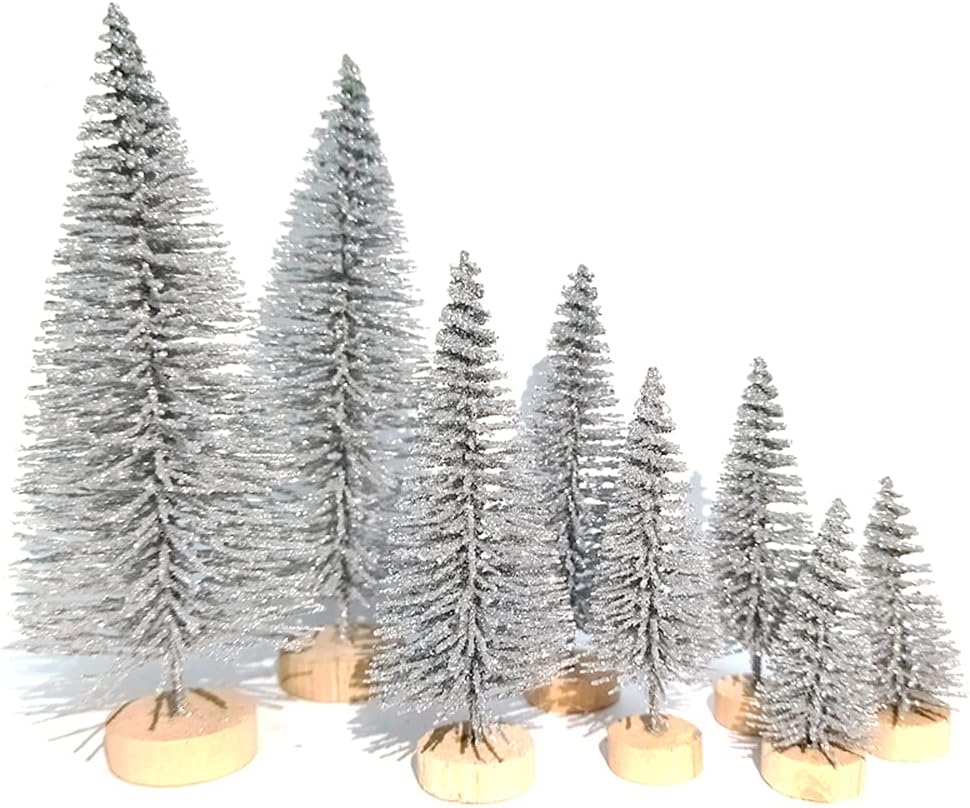 8 Pcs Artificial Mini Christmas Trees, Miniature Pine Trees Sisal Trees with Wood Base Tabletop Christmas Tree for Christmas Xmas Holiday New Year (Sliver, 8 pcs)