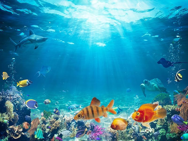 30X12IN Aquarium Under The Sea Coral Reef Scenery Backdrop Terrarium Underwater Marine Organism Fish Tank Background with 10EVA Double-Sided Tape, Blue02