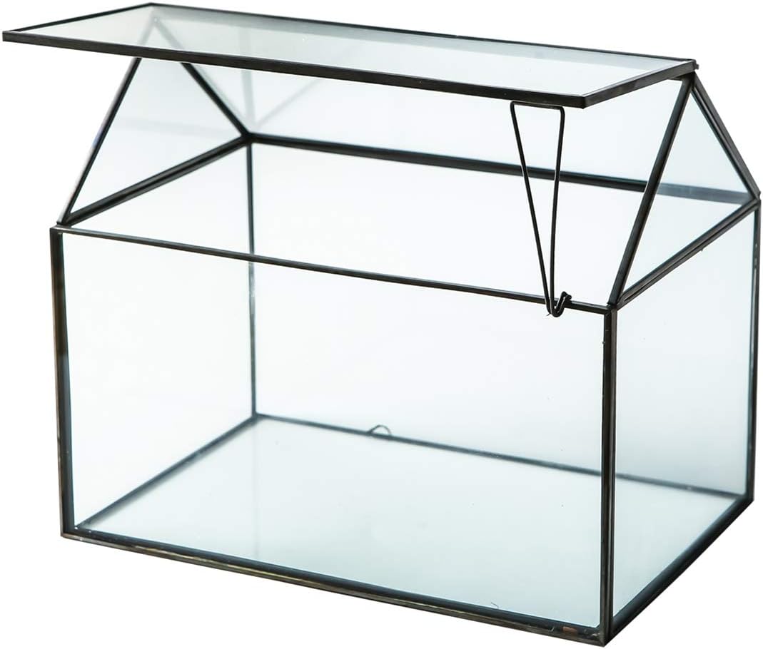 House Shape Close Glass Geometric Terrarium Tabletop Succulent Plant House Garden Planter Moss Fern Swing Lid, Flower Pot for Plants Succulent, Air Plant (Black)