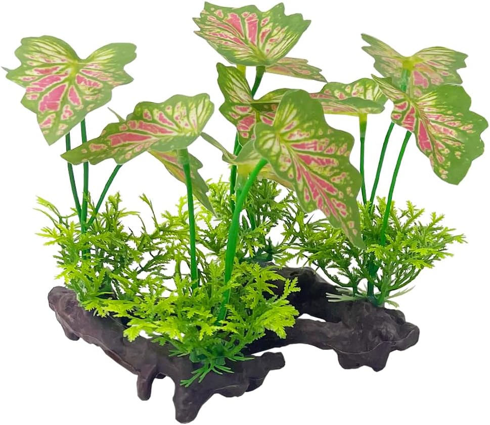 Smoothedo-Pets Aquarium Plant Fish Tank Decoration Small Plastic Artificial Plant Goldfish Fish Hide (Rainforest Leafs-Pink-Small-Set)