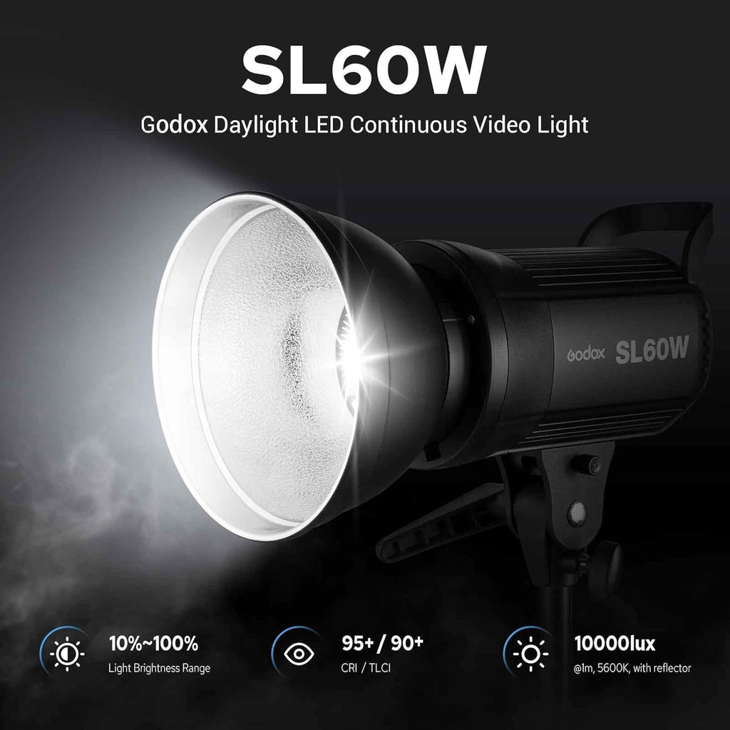 Godox SL60W LED Video Light, 60W 5600K Daylight LED Continuous Light SL-60W, Powerful Studio Bright Light with Bowens Mount 10-100% Brightness for Video Recording Wedding