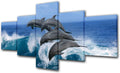 Fish Wall Art for Living Room Dolphins Jumping Over Breaking Wave Pictures Seascape Paintings 5 Pieces Grey Canvas Artwork Modern Home Decor Wooden Framed Ready to Hang Posters and Prints(50''Wx24''H)
