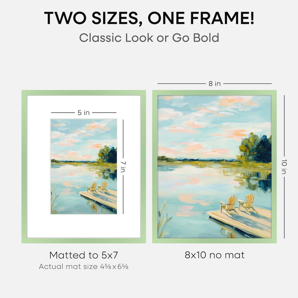 Homeforia 8x10 Picture Frame Sage Green, High End Metal 8 x 10 Poster Frames with Mat 5 by 7 Art, 10x8 Thin Frame Matted to 7x5 Photo, 8by10 Wall or Tabletop Frames, Tempered Glass, Wall Kit, Set of 2