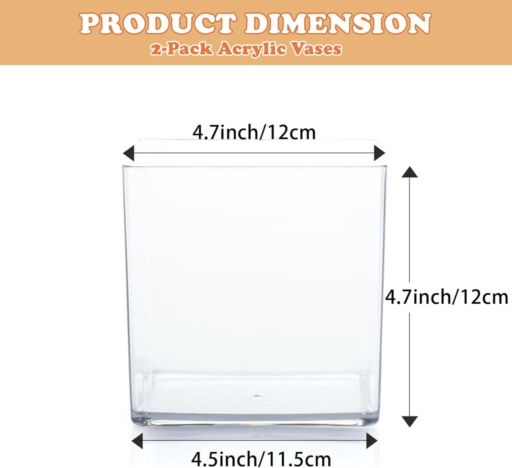 2 Pack Acrylic Cube Vases 5 X 5 Inch, Clear Square Vases, Shatterproof Flower Vase Decorative Centerpiece for Home, Wedding