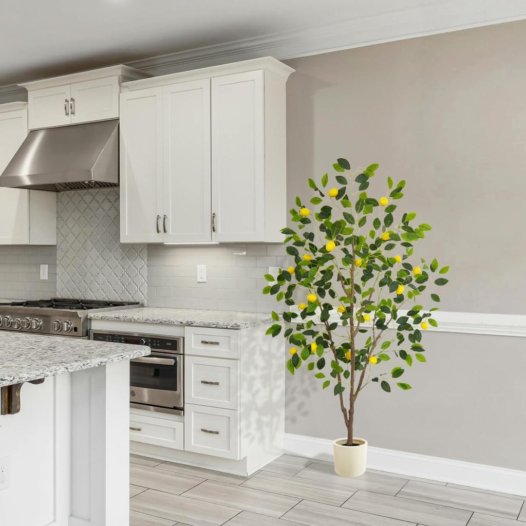 Artificial Lemon Tree, 6ft Tall Floor Faux Lemon Plastic Plant with White Planter, Fake Lemon Fruit Silk Tree for Indoor Home Decor Office Living Room