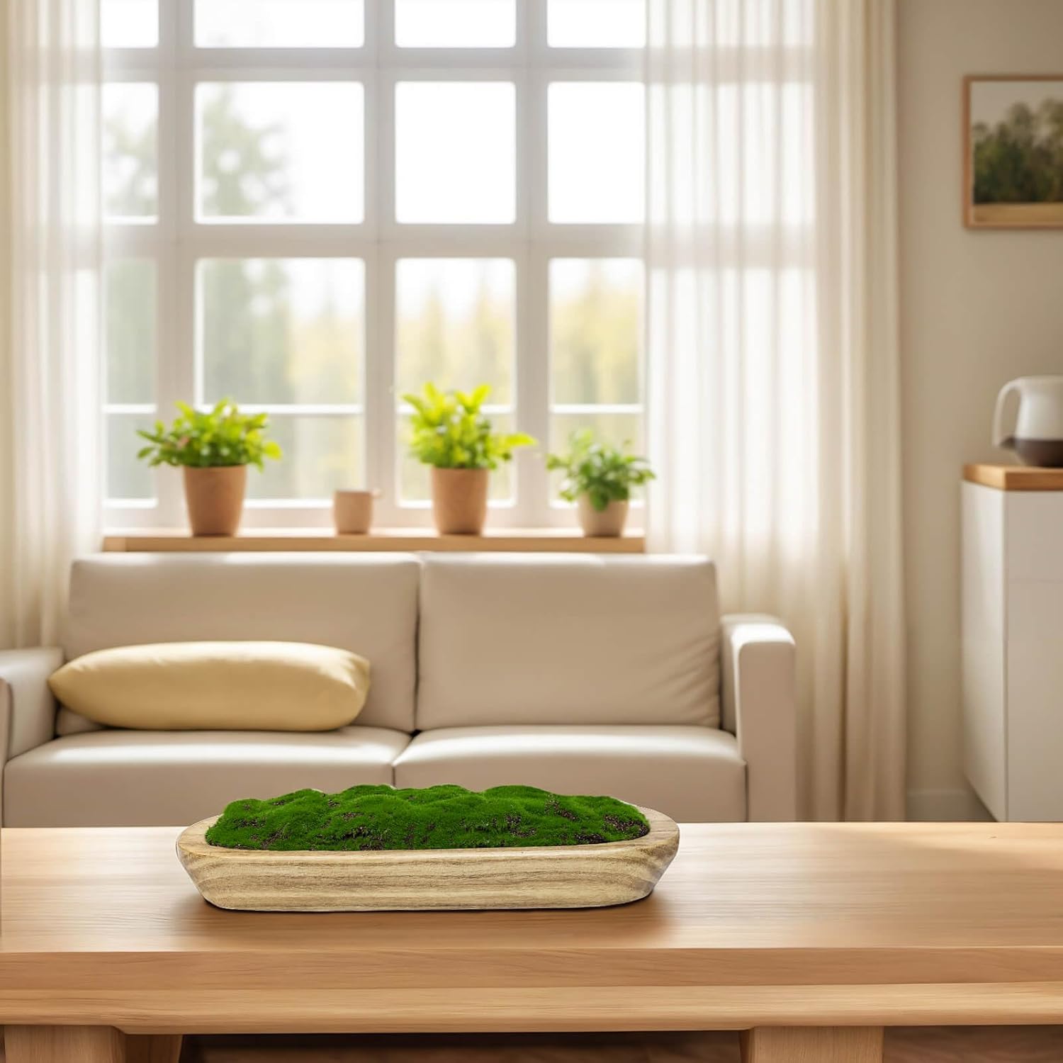 NAHARO Moss Wood Bowl,Natural Oblong Decorative Dough Bowl, Artificial Moss Centerpiece for Wedding Table Centerpiece, Home Decoration, Living Room, Office, No Maintenance