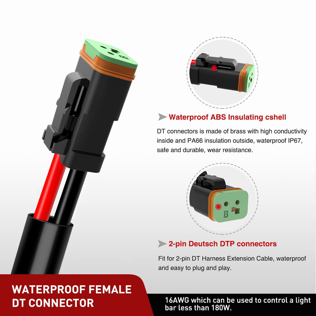 Nilight 2 PCS 16AWG 10 Feet Wiring Harness Extension Kit, Extended Plug and Play 2-pin Socket DT Connector Wire Cord for Offroad LED Light Bar Driving Fog Boat Work Lights